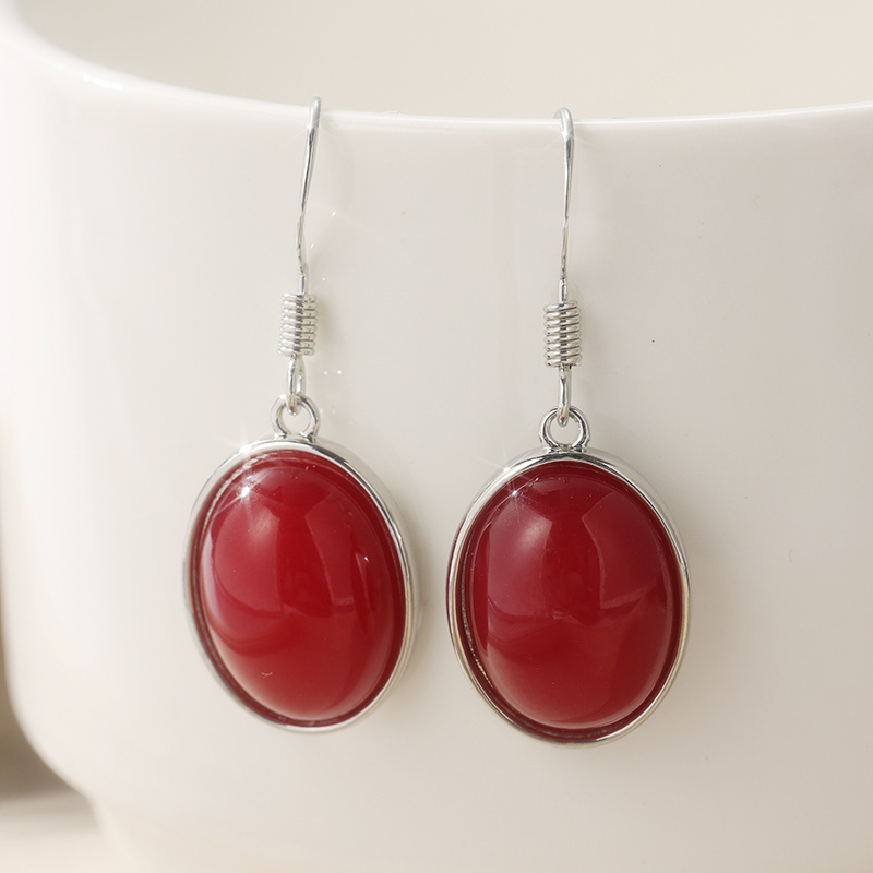 Women's Retro Elegant K Plated Red Oval Earrings, Wedding Gift